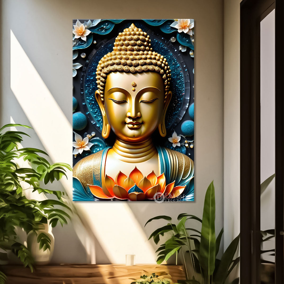 Golden buddha with flower and blue background  - Buddha-V-132
