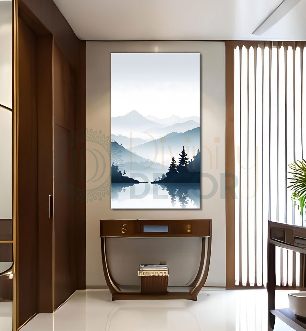 Mountains with river and trees in grey textured water colour painting Canvas Painting - Nature Art -V-132