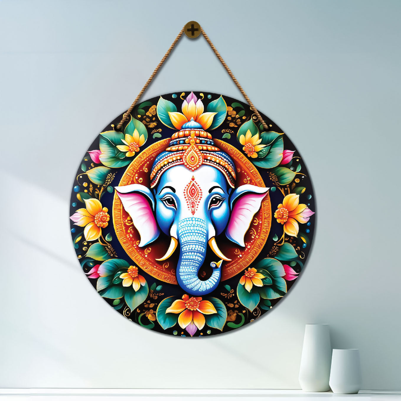 Ganesh Ji in green and yellow mandala Round Wooden Wall Hanging for wall Décor - Design - 133