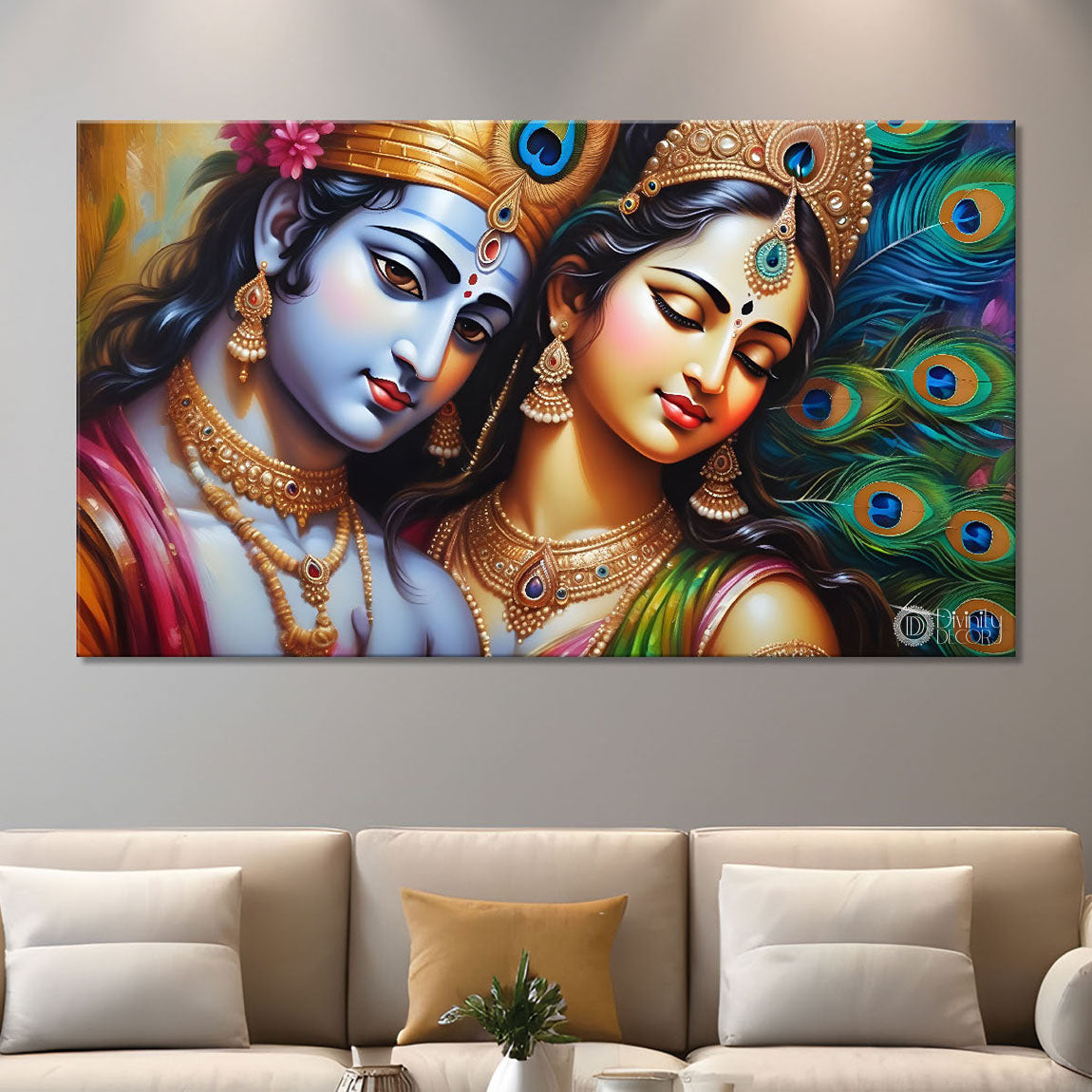 Blue face of Krishna and Radha with yellow and peacock feather background painting Canvas Painting - Design - Krishna-133