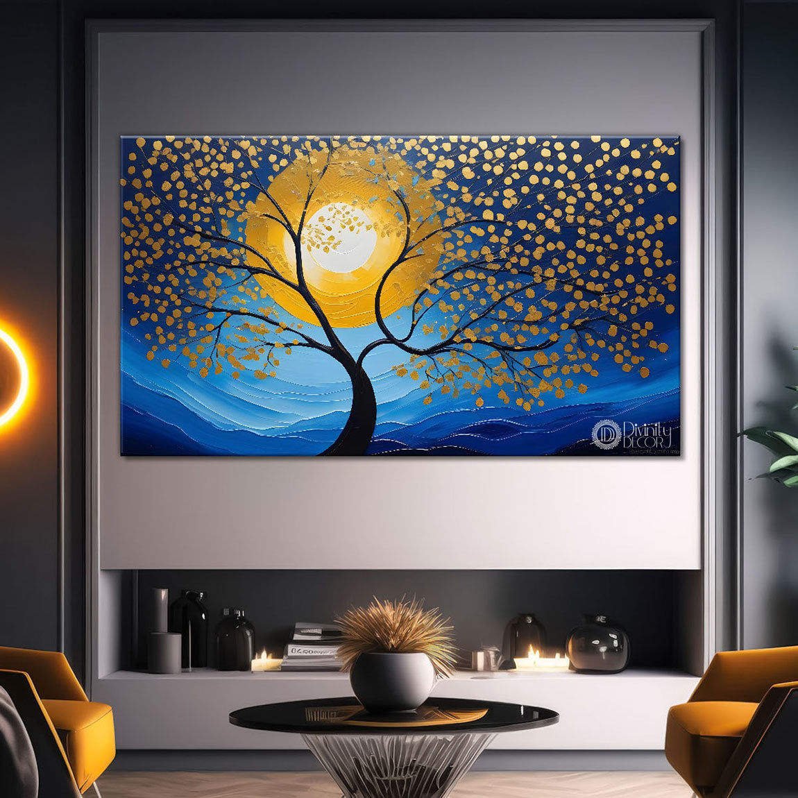 Golden tree in dark blue textured background modern art- Design - Tree-133