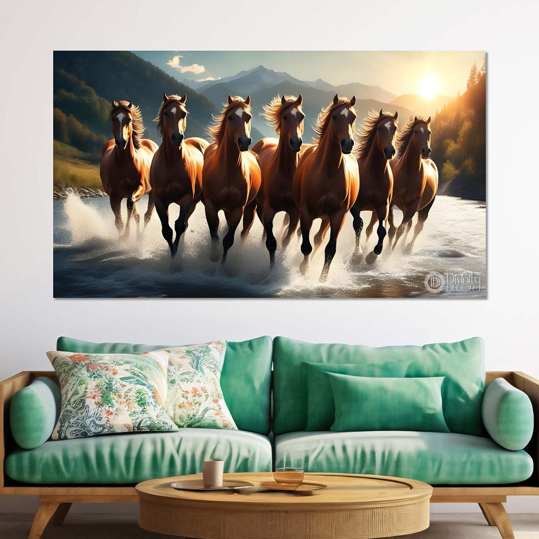 Brown horses running on the water with mountains and yellow textured background art Canvas Painting - Design - Horse-133