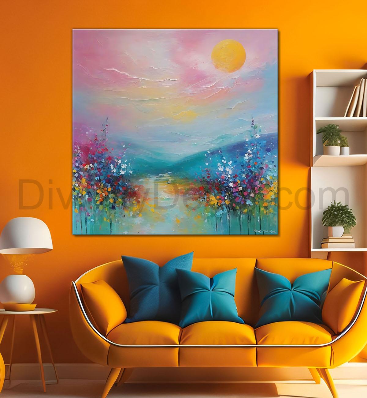 Mountains with colourful water painting 24X24 - Nature Art -S-133