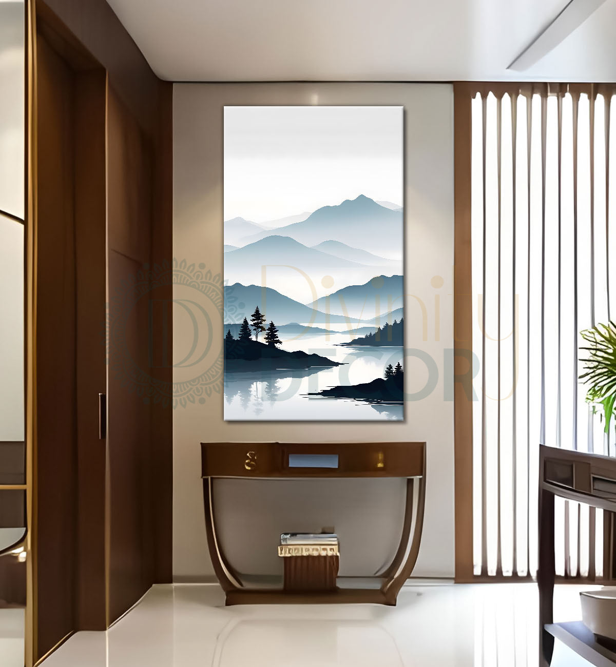 Mountains with river and trees in grey textured water colour painting Canvas Painting - Nature Art -V-133