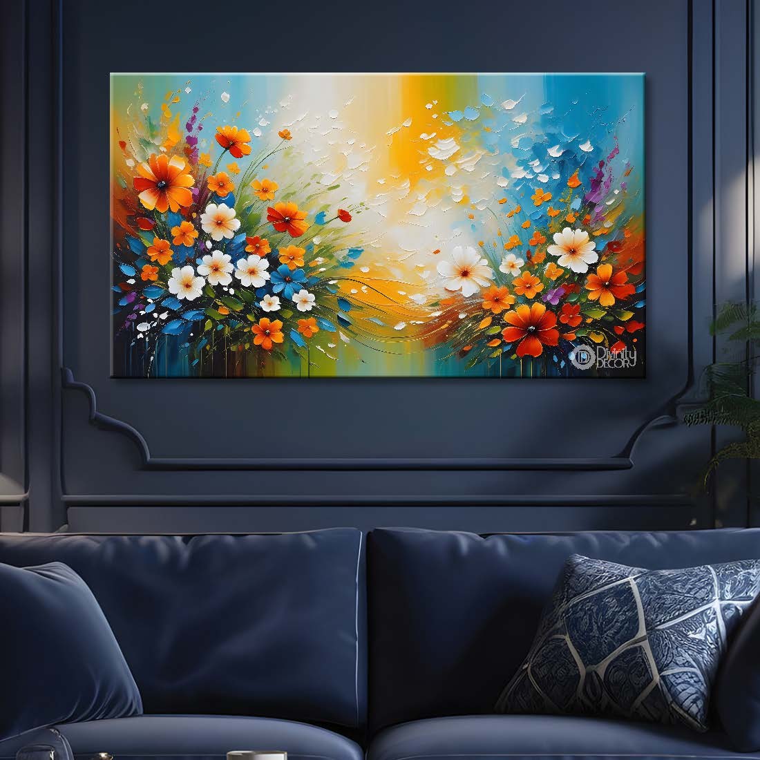 Colorful flowers with blue textured background painting- Design - Flower-133