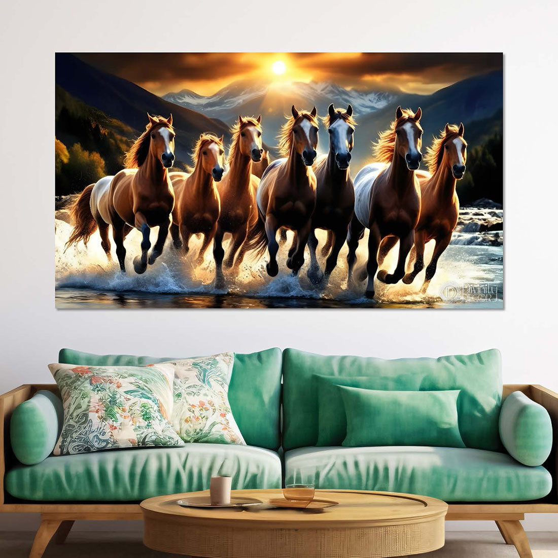Brown horses running on the water with mountains and sunset textured background art Canvas Painting - Design - Horse-134
