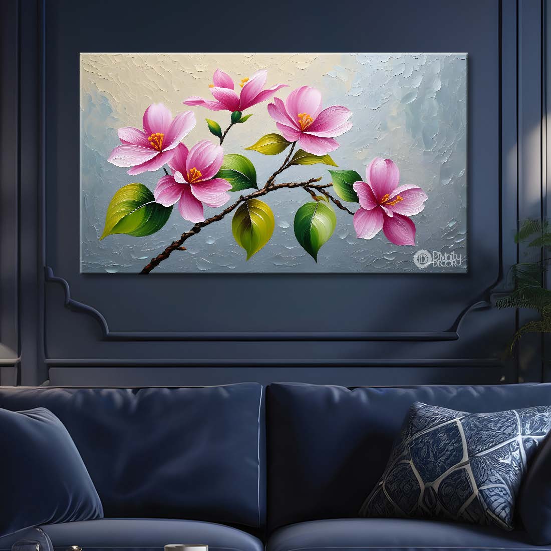 Pink flowers with grey textured background painting- Design - Flower-134