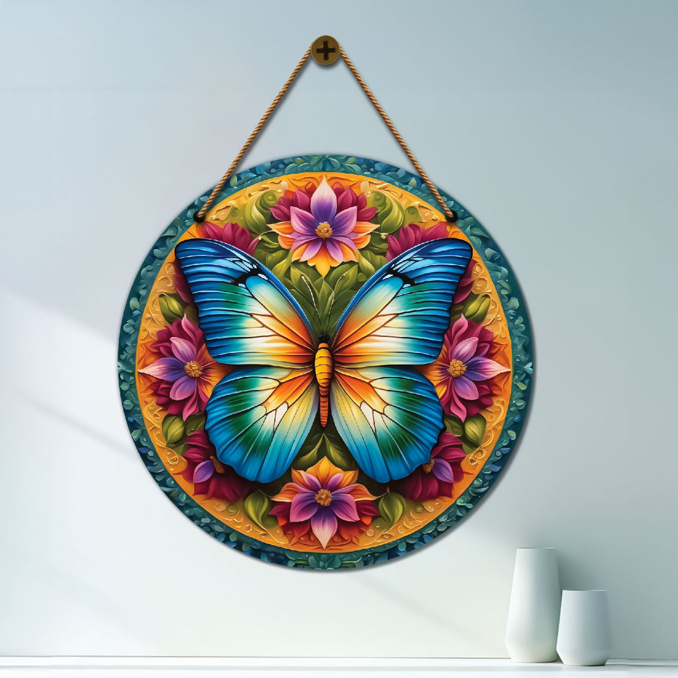 Butterfly in pink and blue mandala Round Wooden Wall Hanging for wall Décor - Design - 134