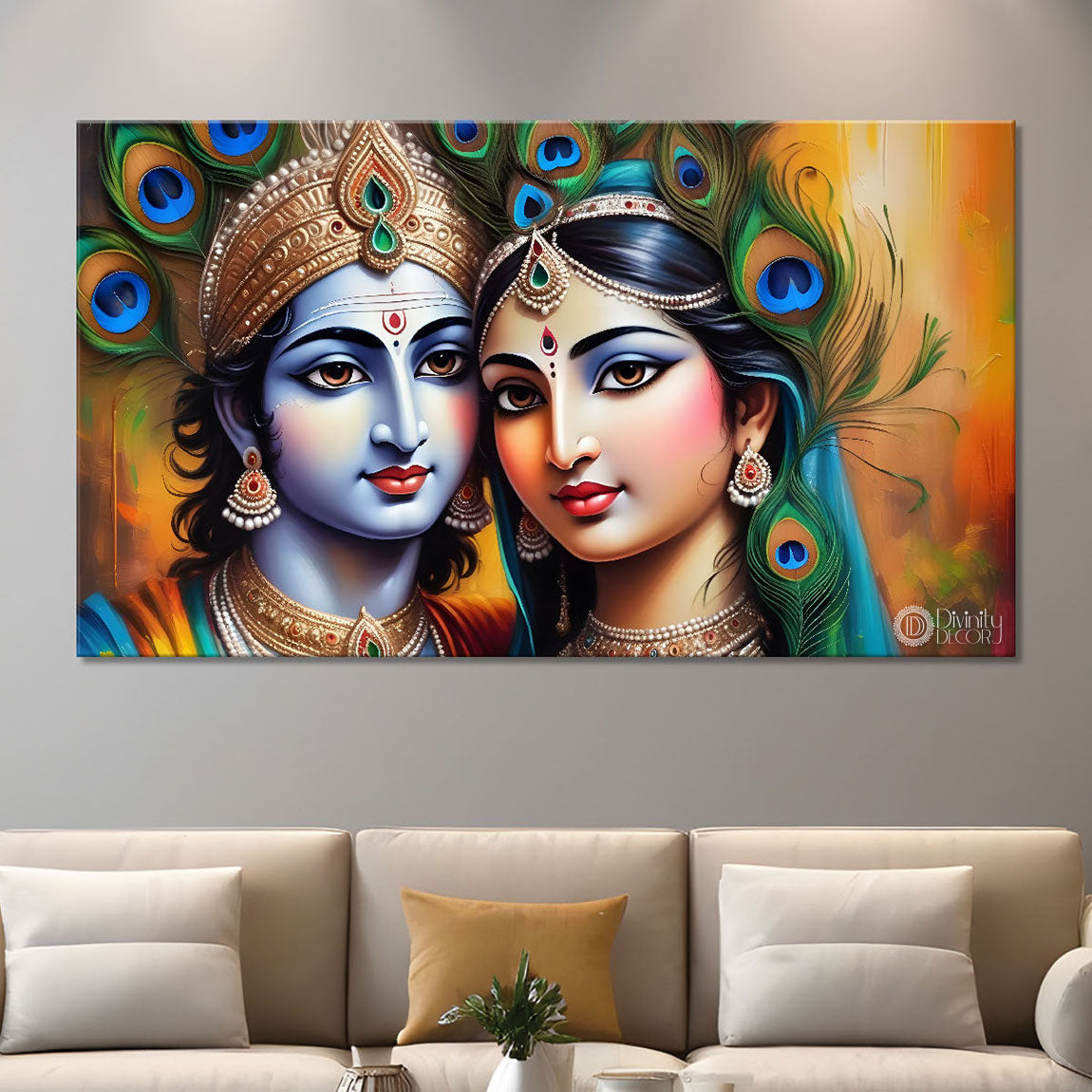 Blue face of Krishna and Radha with yellow and peacock feather background painting Canvas Painting - Design - Krishna-134