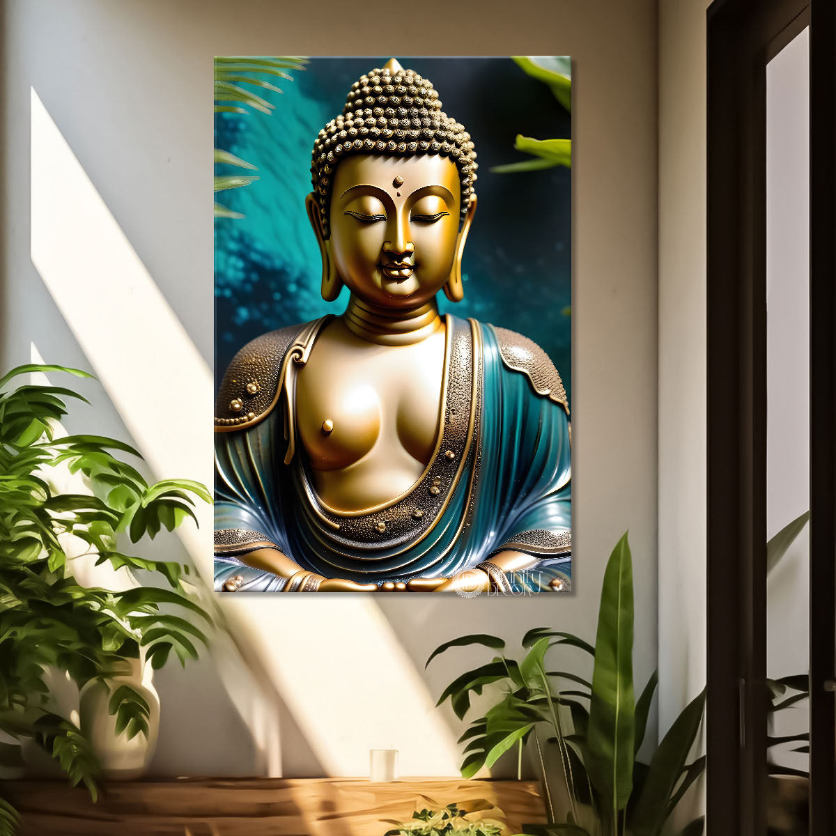 Golden textured buddha with blue background - Buddha-V-134