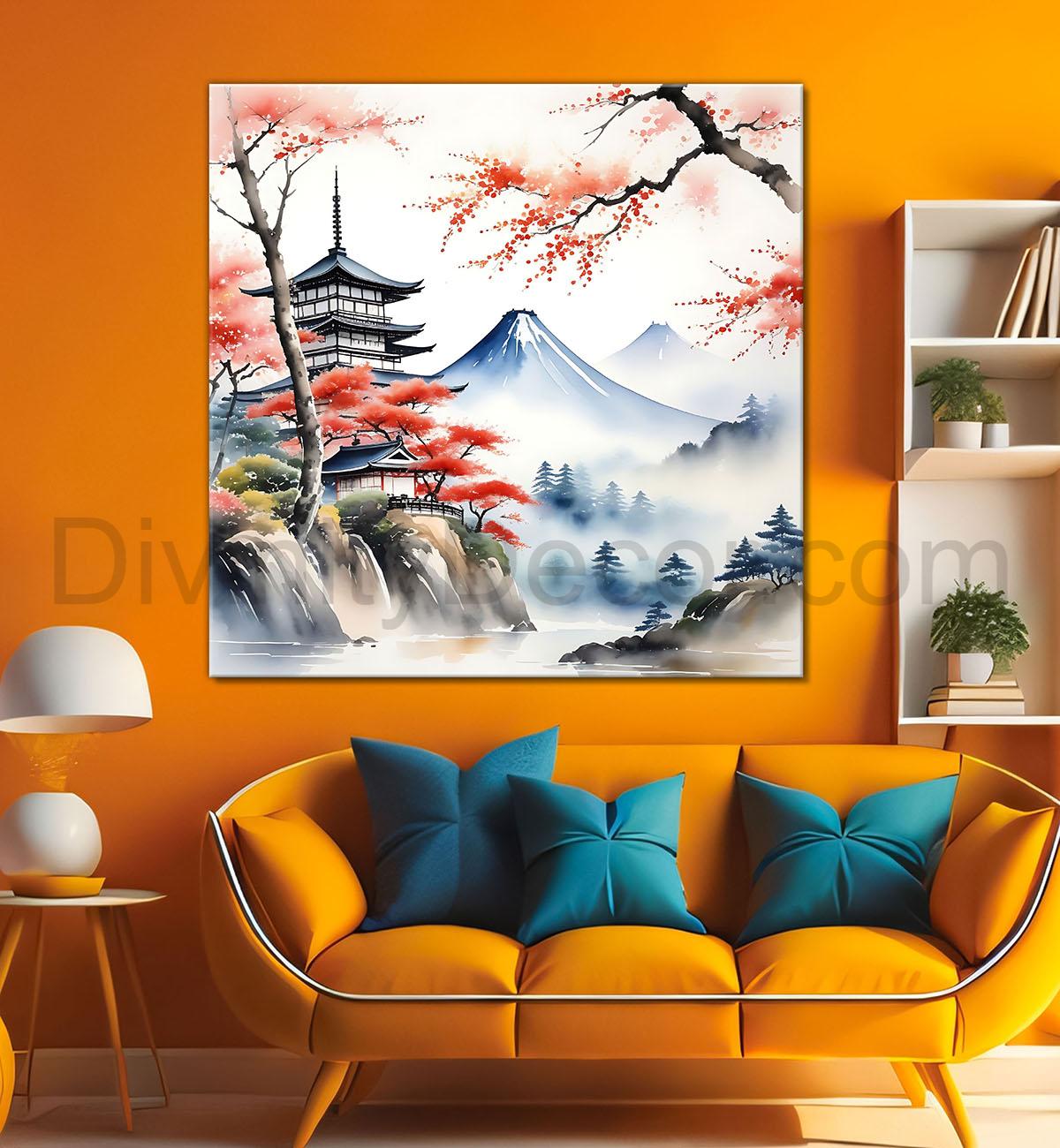 Mountains with temple and tree painting  24X24 - Nature Art -S-134