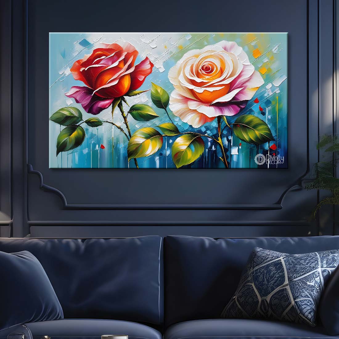 Pink and red flowers with blue textured background painting- Design - Flower-135