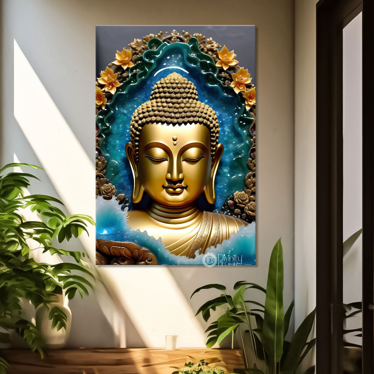 Golden textured buddha with blue background - Buddha-V-135