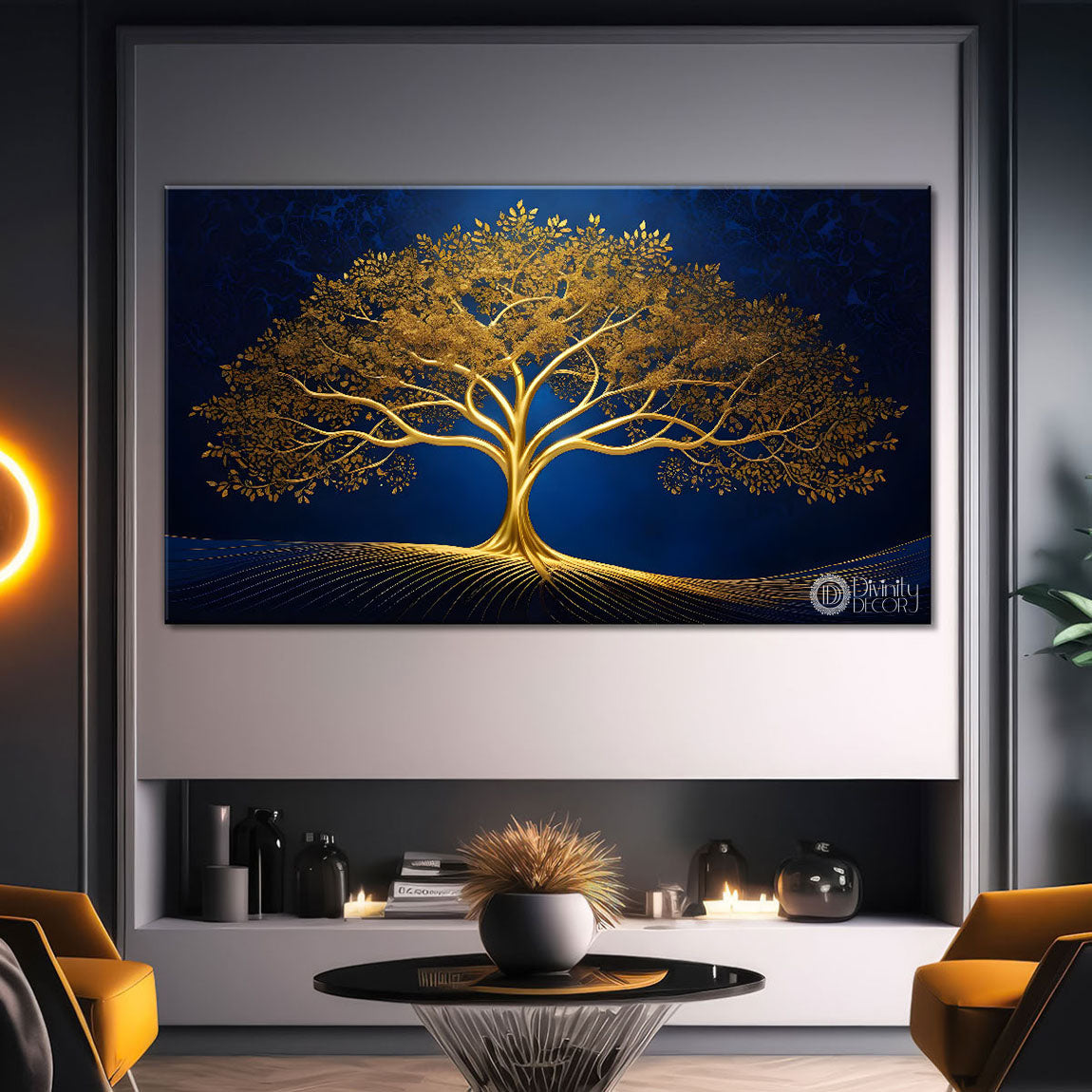 Golden tree in dark blue textured background modern art- Design - Tree-135