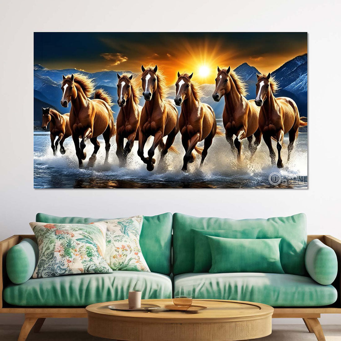Brown horses running on the water with mountains and sunset textured background art Canvas Painting - Design - Horse-135