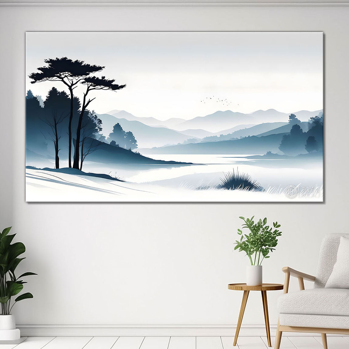 Mountains with trees in textured water color painting Canvas Painting - Nature Art -135