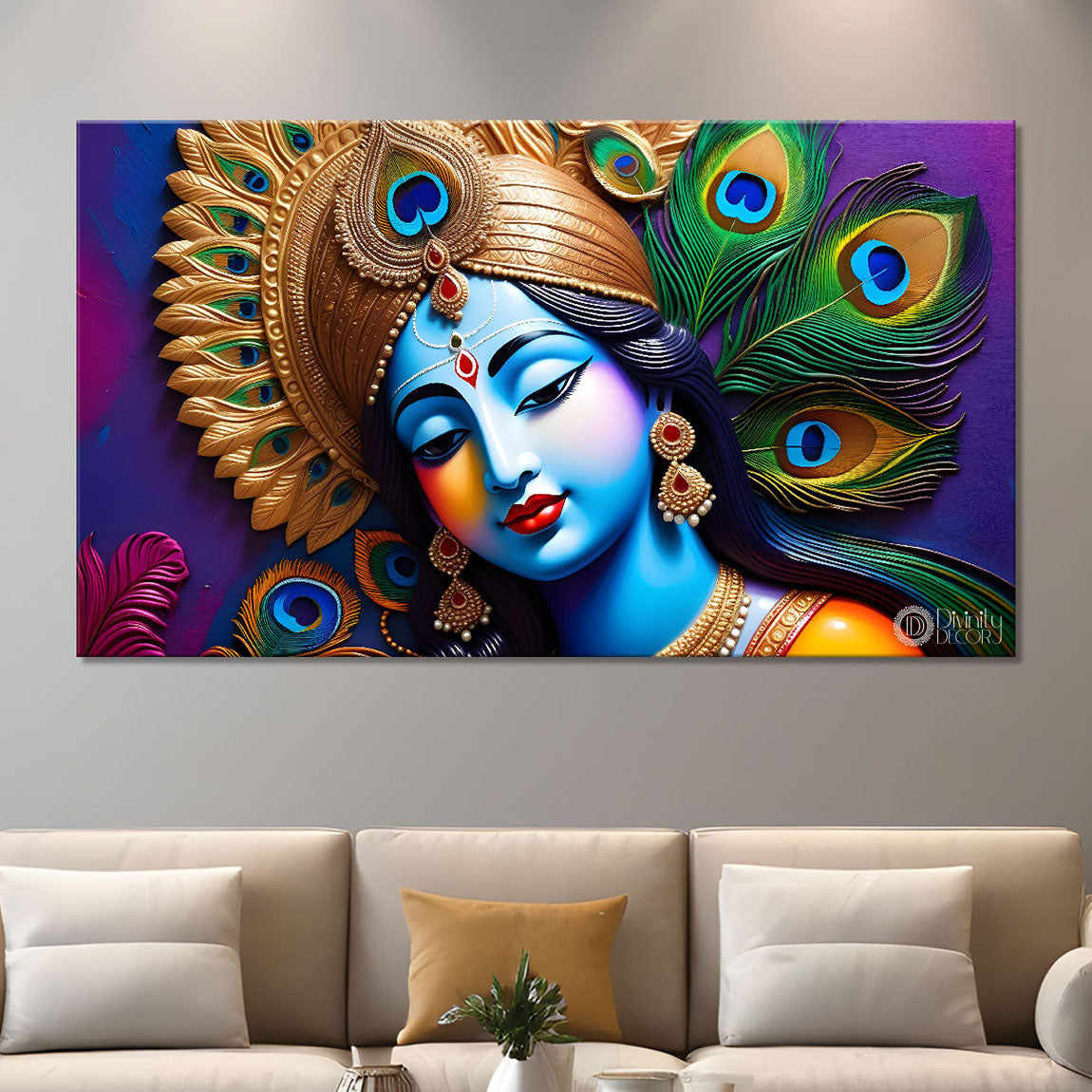 Blue face of Krishna with peacock feather background painting Canvas Painting - Design - Krishna-135