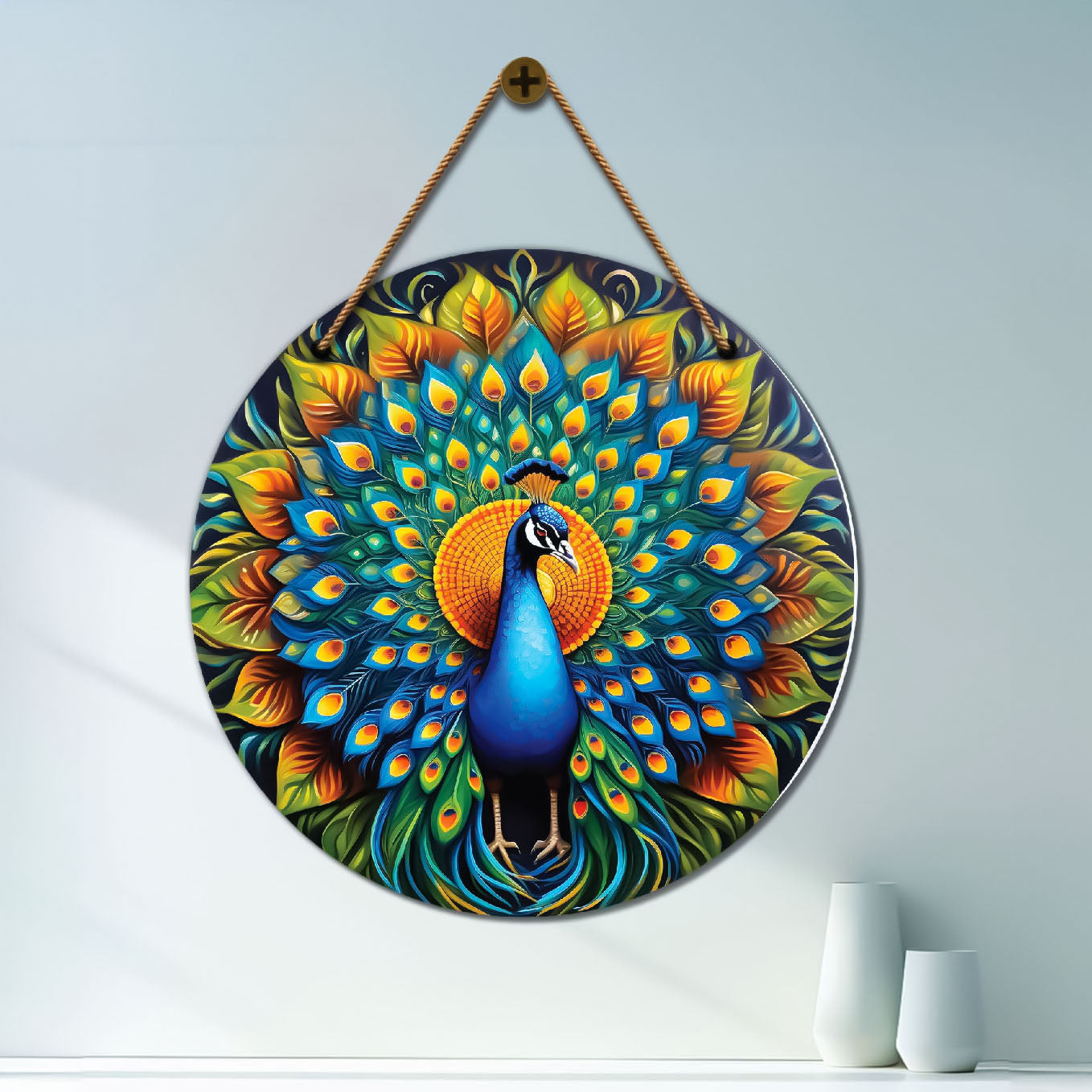 Peacock in green and yellow mandala Round Wooden Wall Hanging for wall Décor - Design - 135