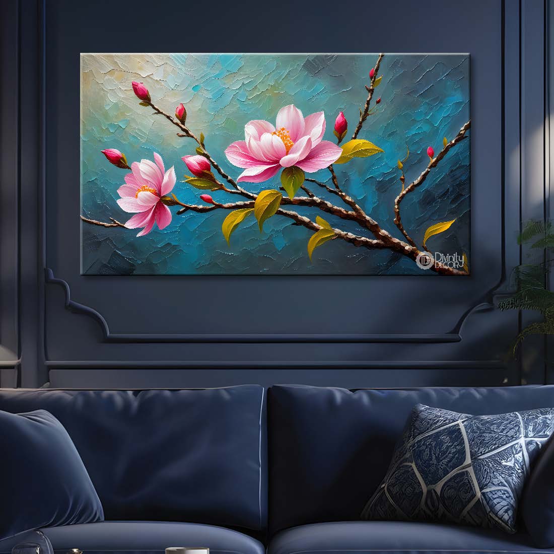 Pink flowers with blue textured background painting- Design - Flower-136