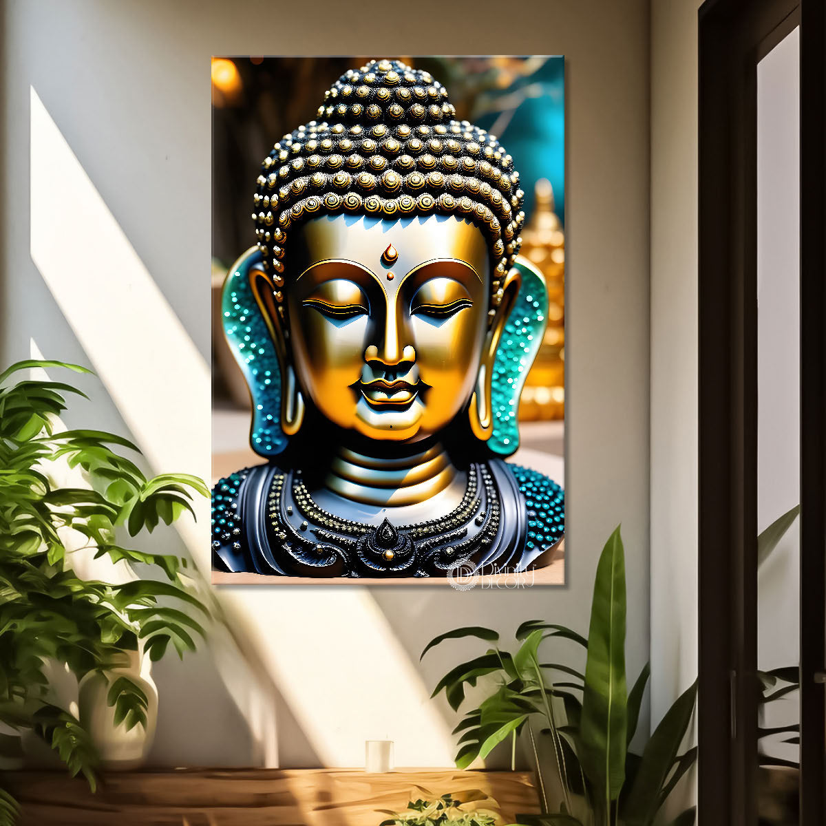 Golden textured buddha with blue background - Buddha-V-136