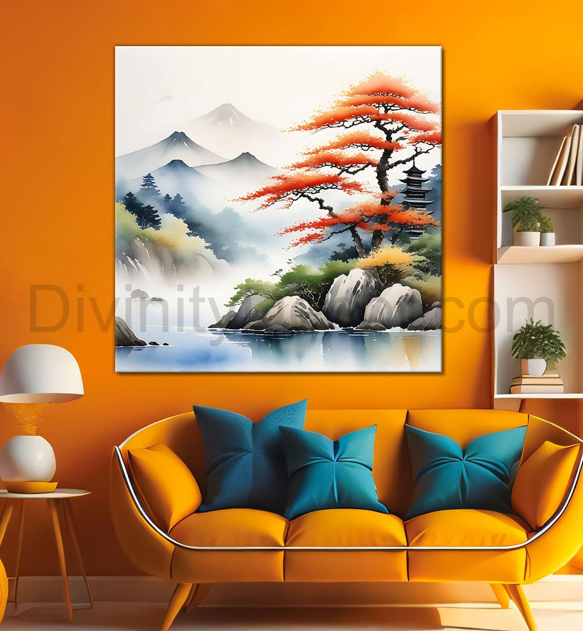 Mountains with orange tree painting 24X24  - Nature Art -S-136