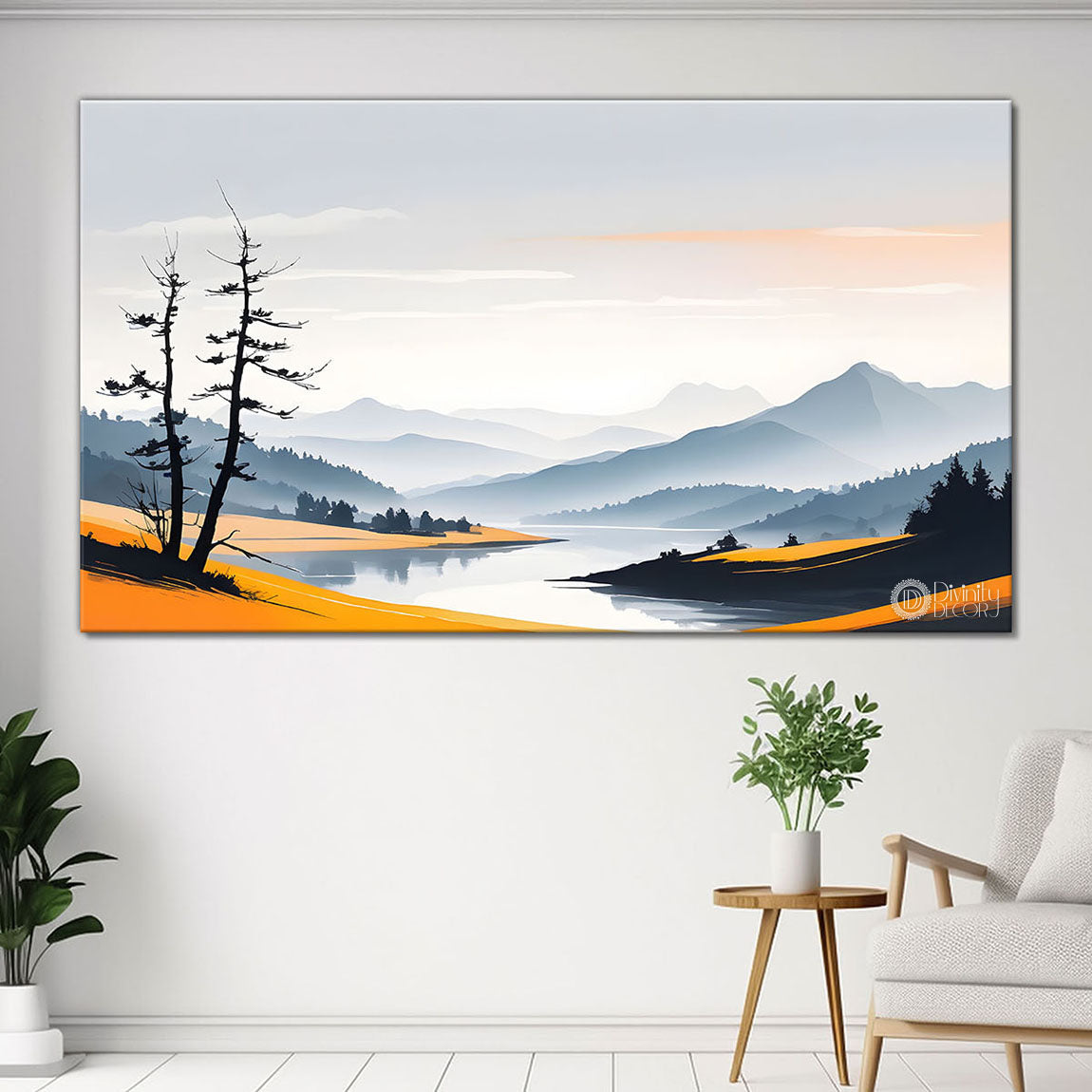 Mountains with trees in textured water color painting Canvas Painting - Nature Art -136
