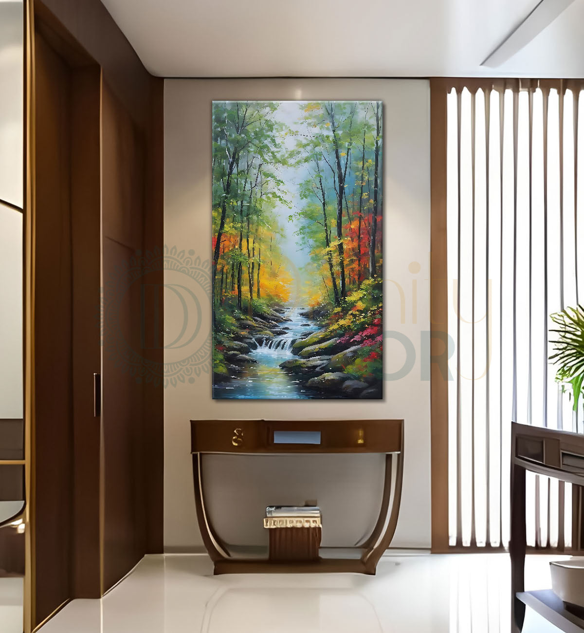 Trees with colourful flowers and lake in textured painting Canvas Painting - Nature Art -V-136