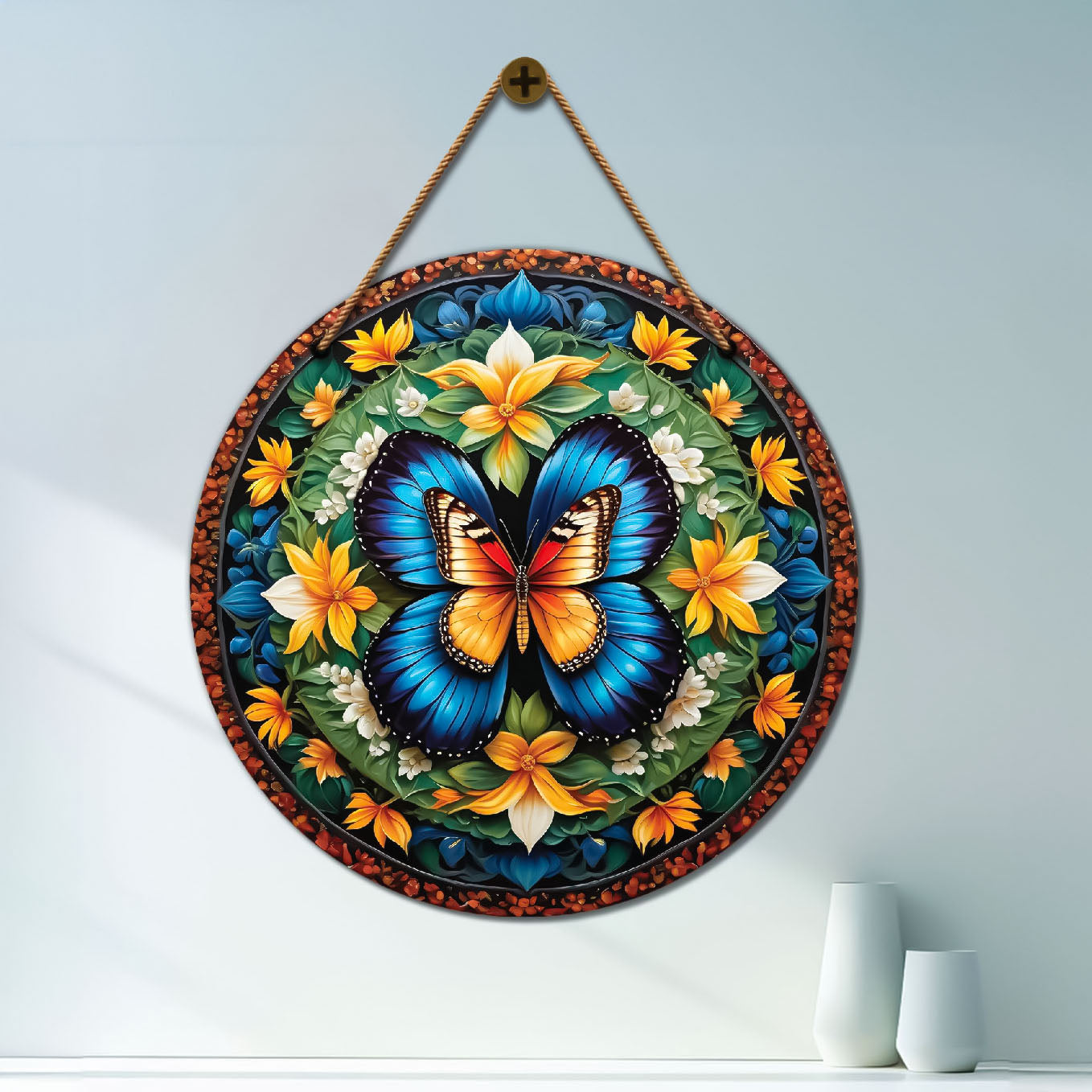 Butterfly in green and yellow mandala Round Wooden Wall Hanging for wall Décor - Design - 136