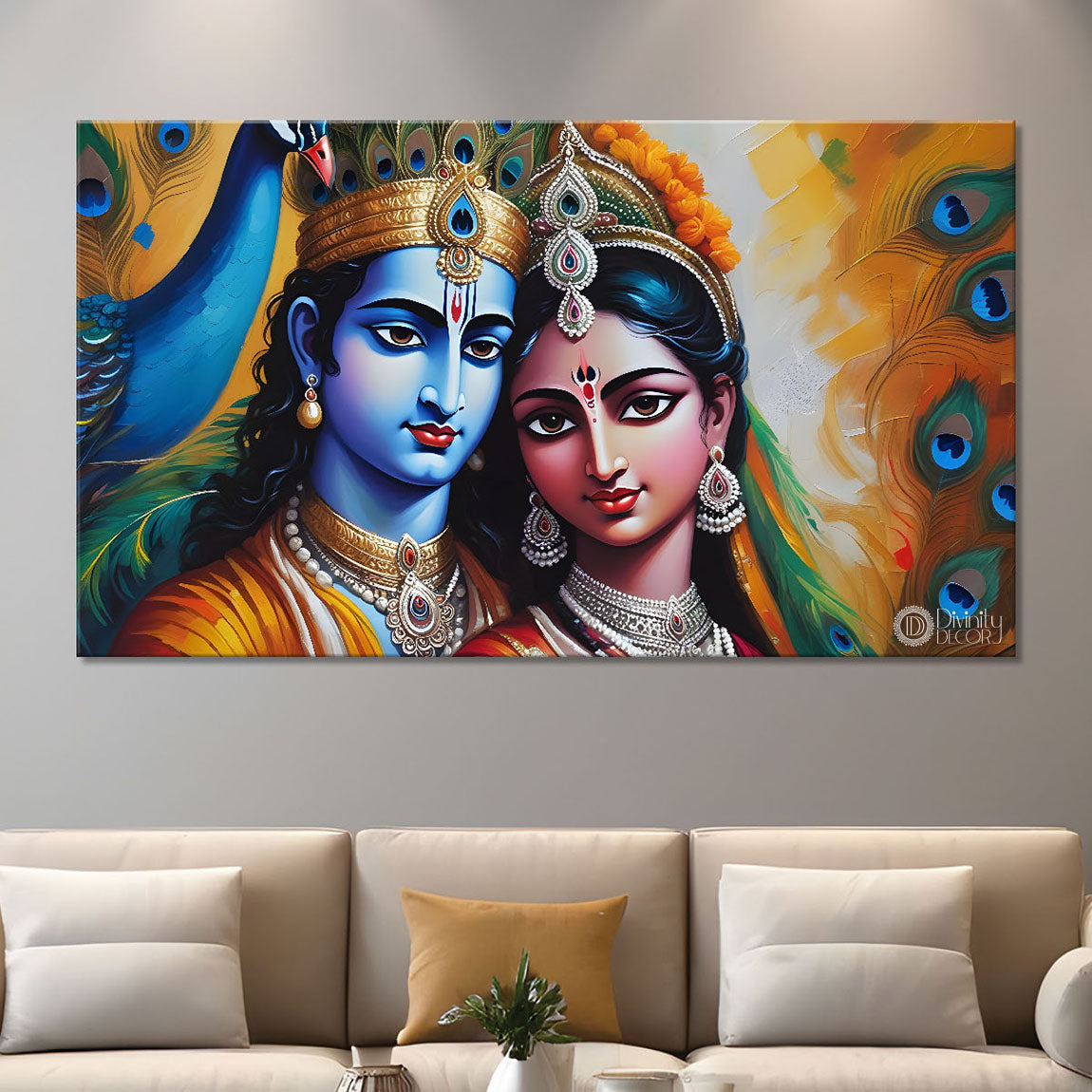 Blue face of Krishna and Radha with yellow background painting Canvas Painting - Design - Krishna-136