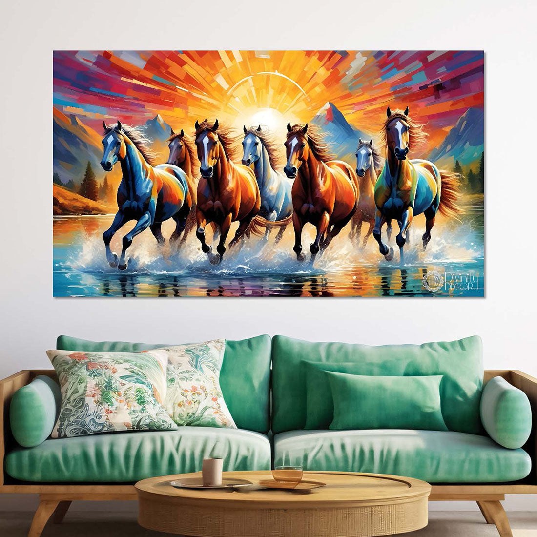 Brown horses running on the water with mountains and sunrise textured background art Canvas Painting - Design - Horse-136