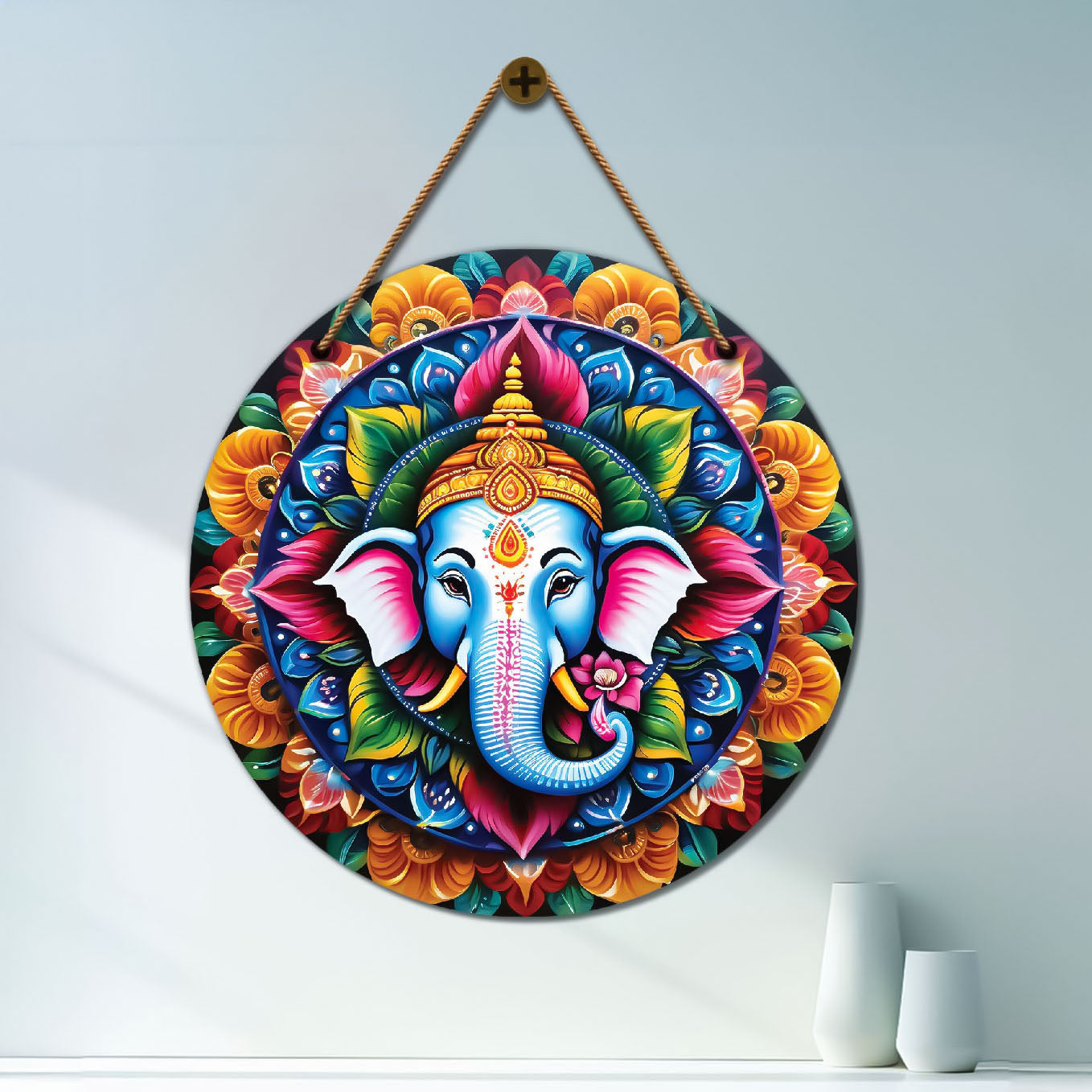 Ganesh Ji in orange and pink mandala Round Wooden Wall Hanging for wall Décor - Design - 137