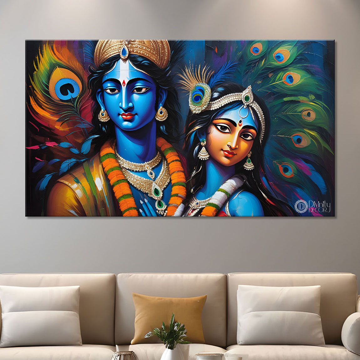Blue face of Krishna and Radha with blue and peacock feather background painting Canvas Painting - Design - Krishna-137