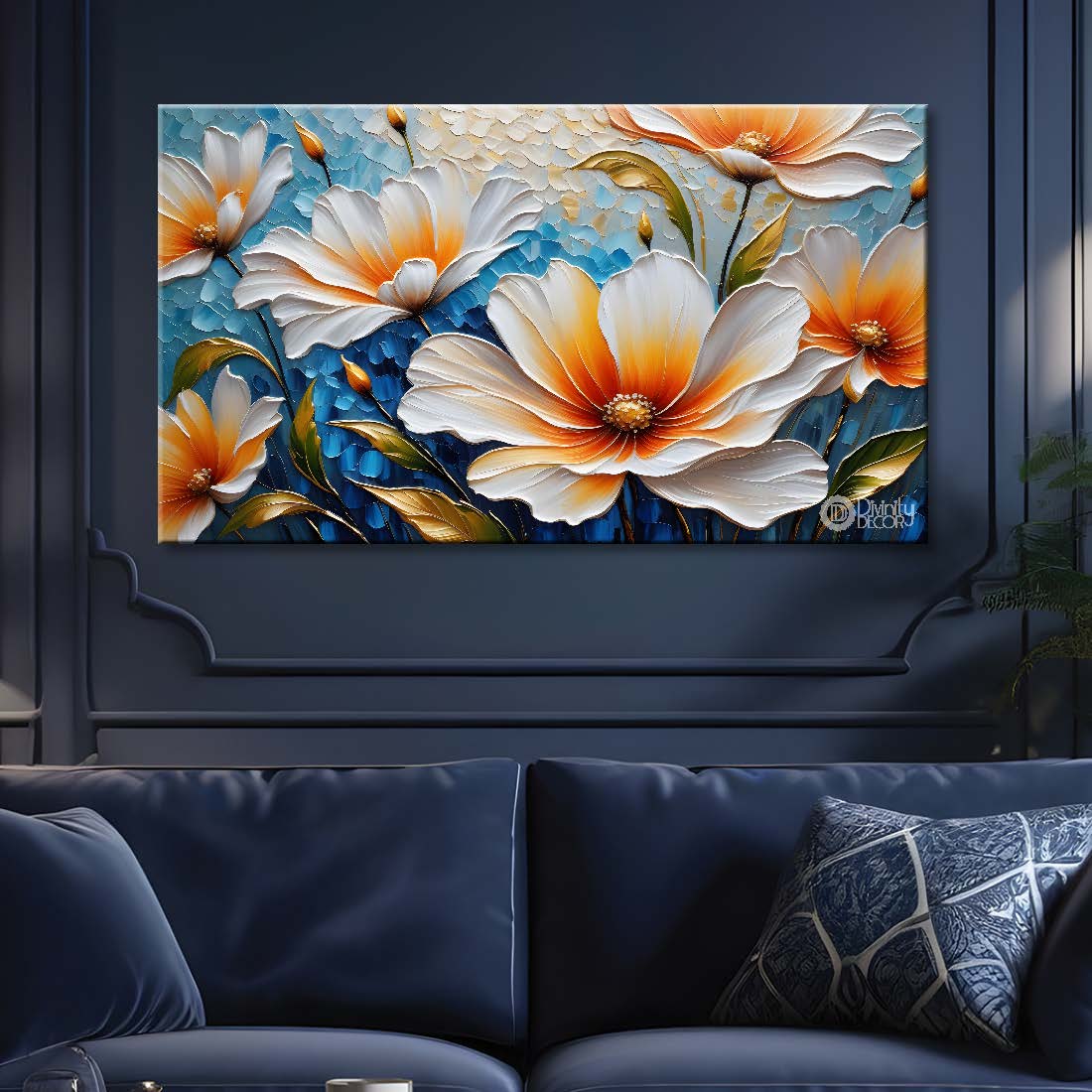 White flowers with blue textured background painting- Design - Flower-137