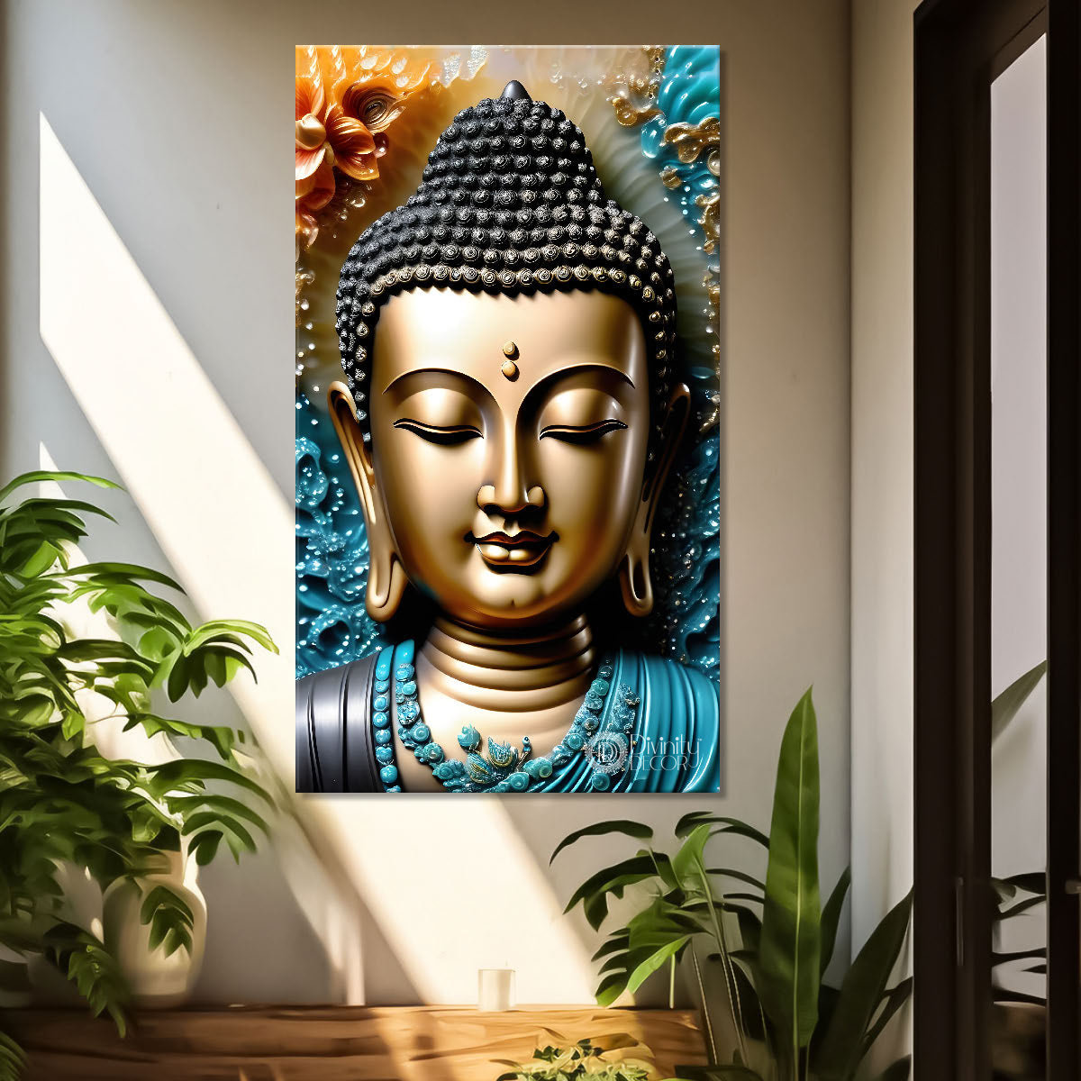 Golden textured buddha with blue background - Buddha-V-137