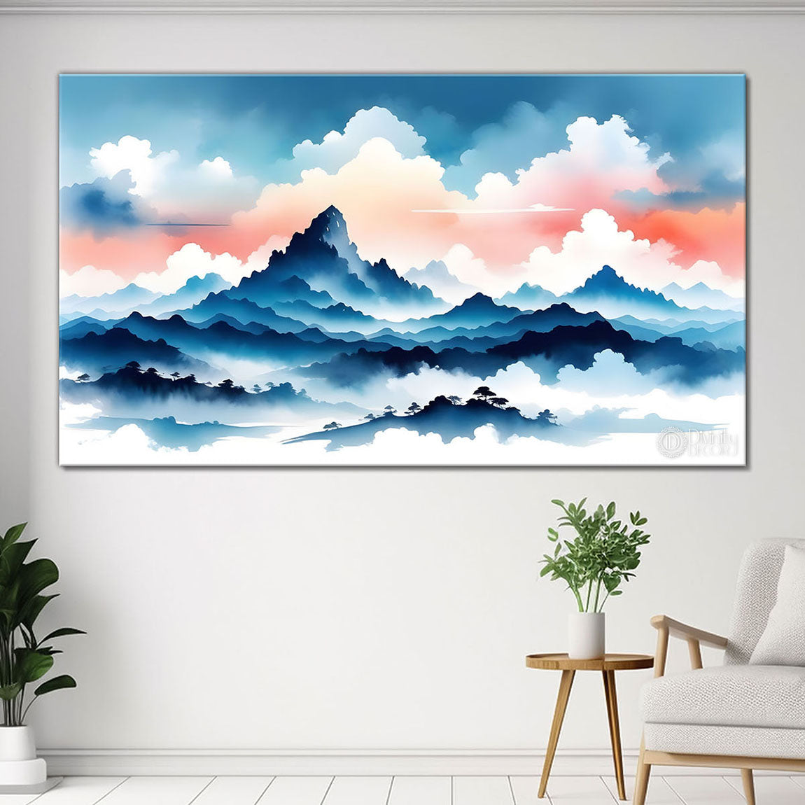 Mountains with trees in textured water color painting Canvas Painting - Nature Art -137