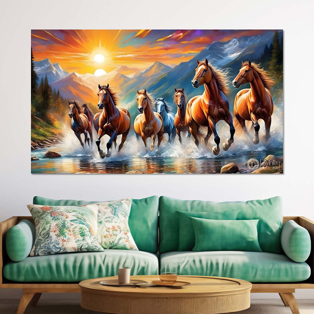Brown horses running on the water with mountains and sunset textured background art Canvas Painting - Design - Horse-137