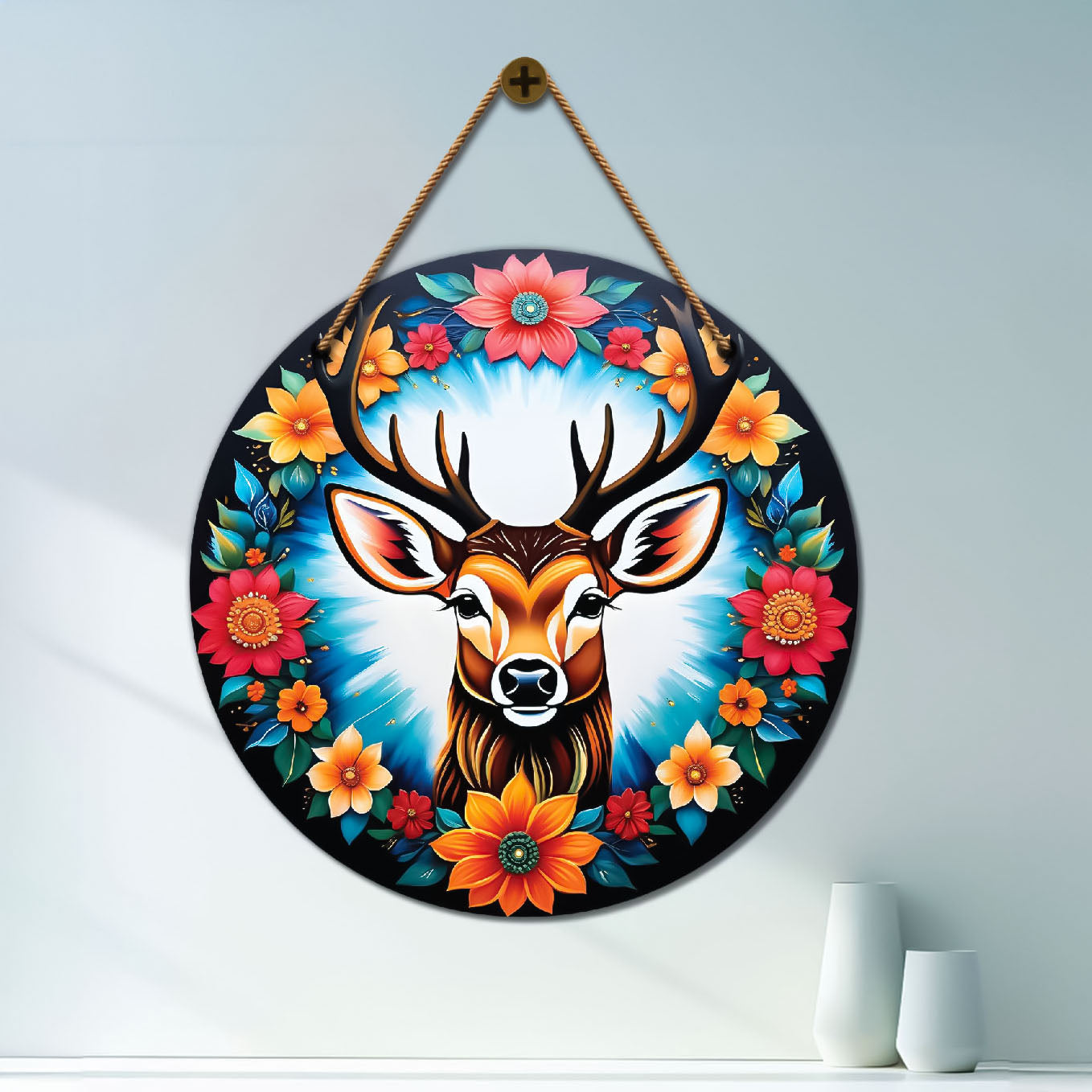 Deer in floral and black mandala Round Wooden Wall Hanging for wall Décor - Design - 138