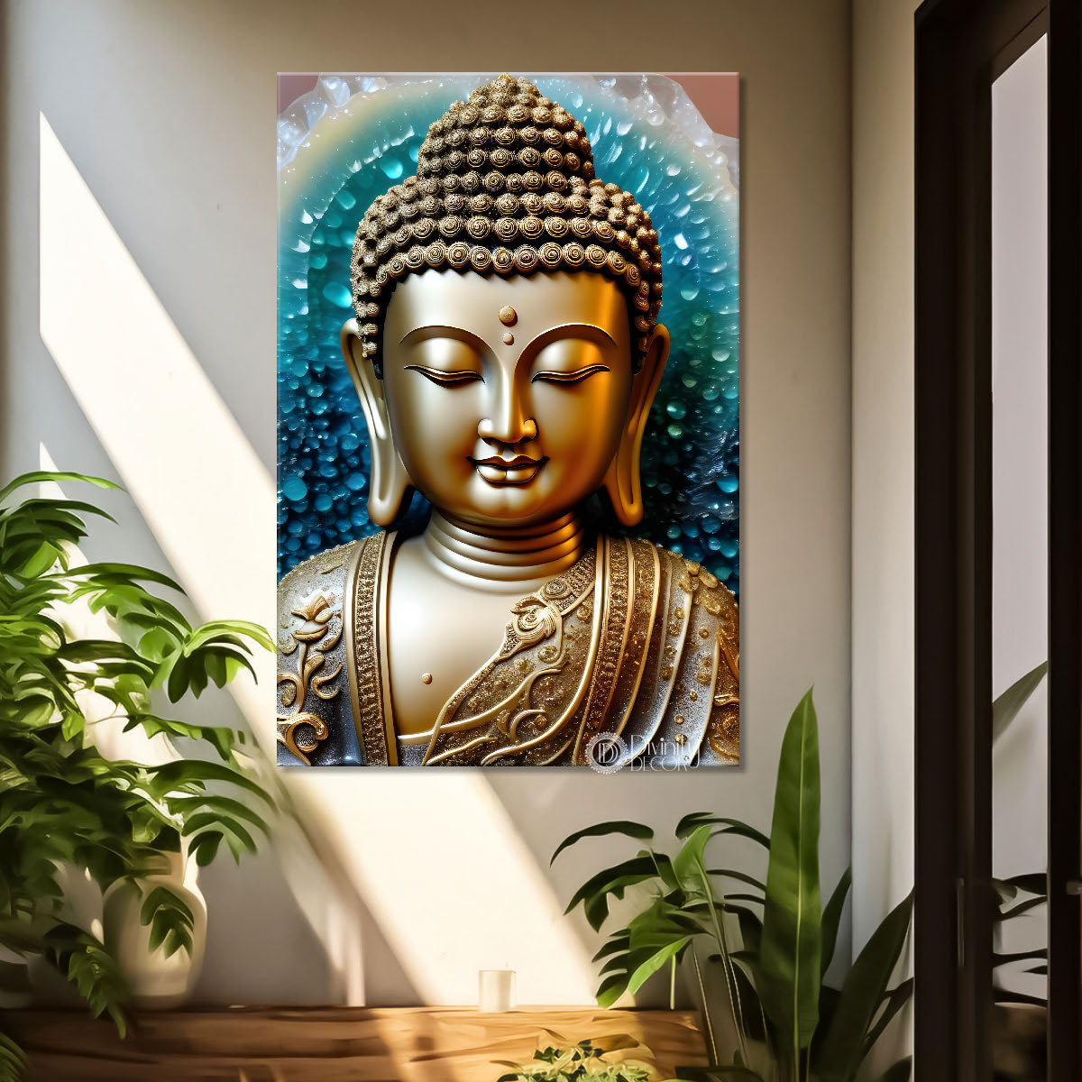 Golden textured buddha with blue background - Buddha-V-138