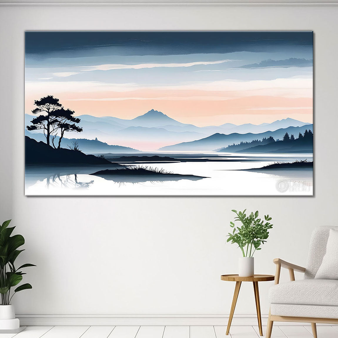 Mountains with trees in textured water color painting Canvas Painting - Nature Art -138