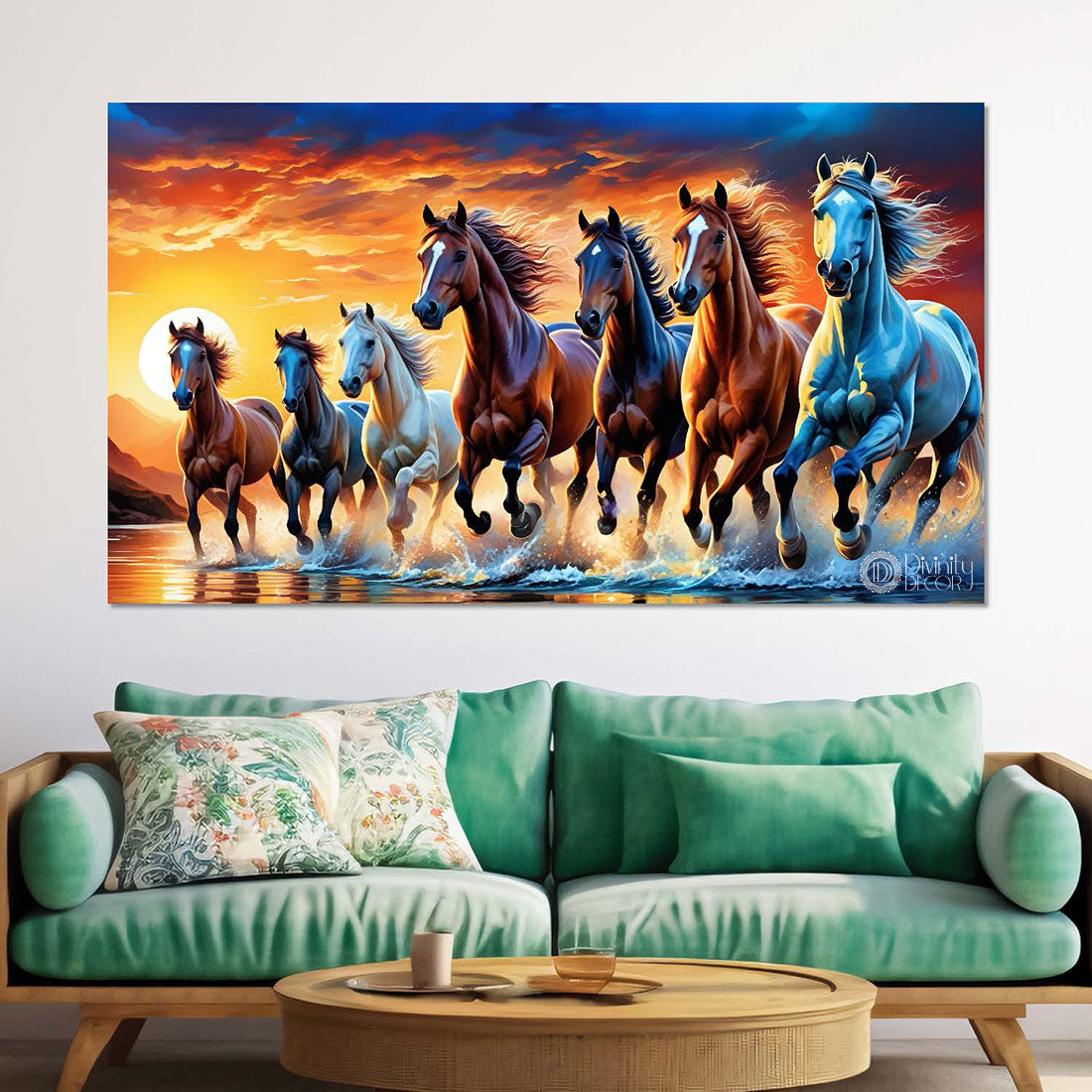 Brown horses running on the water with mountains and sunrise textured background art Canvas Painting - Design - Horse-138