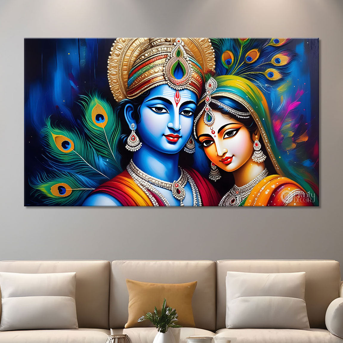 Blue face of Krishna and Radha with blue and peacock feather background painting Canvas Painting - Design - Krishna-138