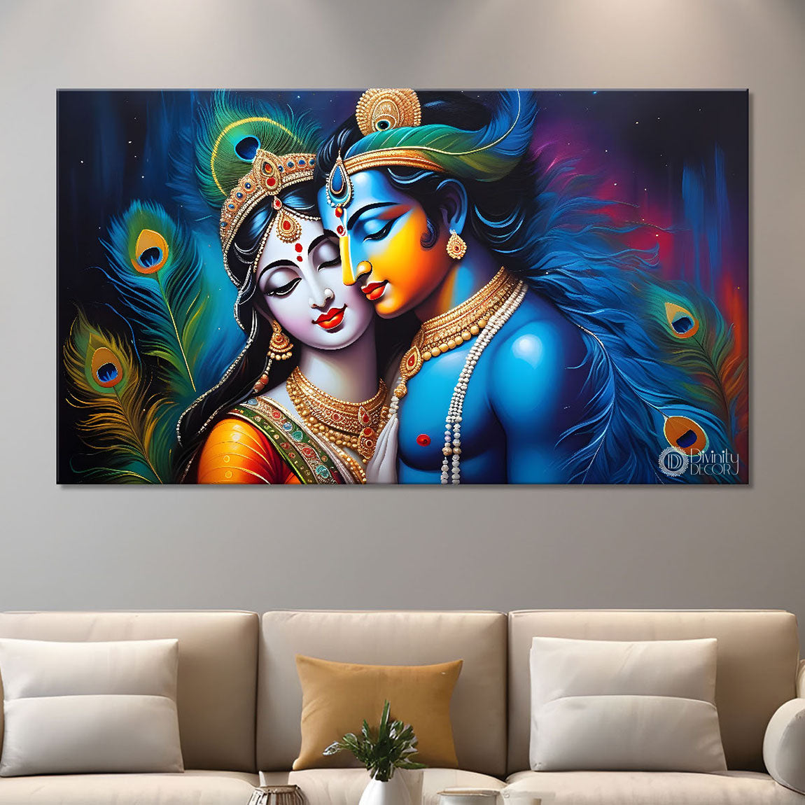 Blue face of Krishna and Radha with blue and peacock feather background painting Canvas Painting - Design - Krishna-139