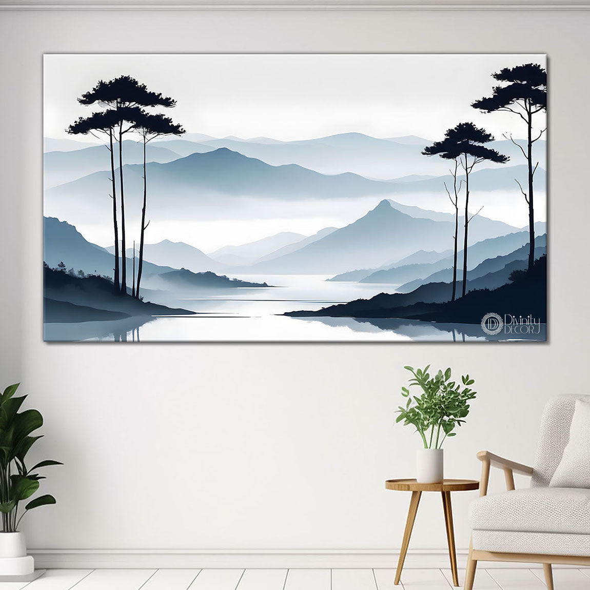 Mountains with trees in textured water color painting Canvas Painting - Nature Art -139