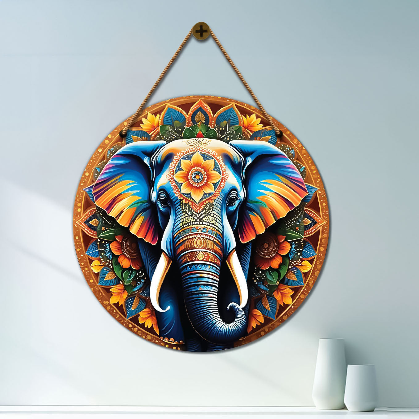 Elephant in yellow and golden mandala Round Wooden Wall Hanging for wall Décor - Design - 139