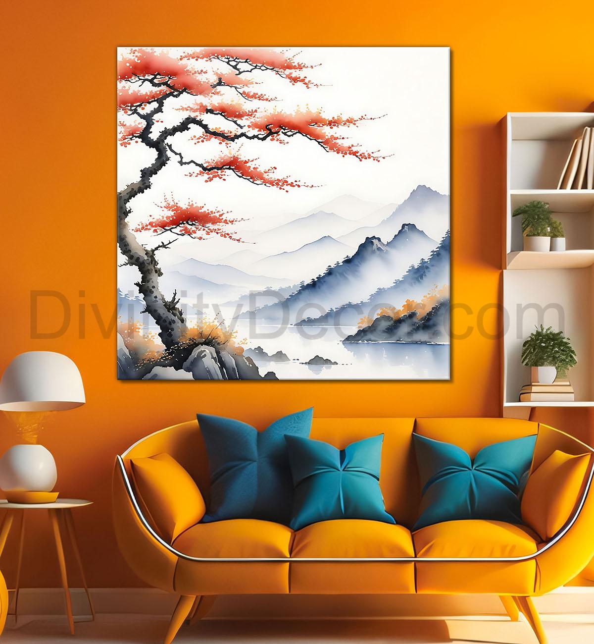 Mountains with tree water colour painting 24X24  - Nature Art -S-139