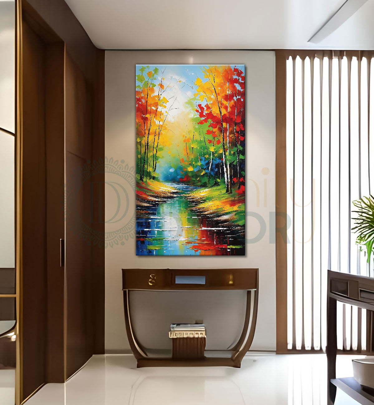 Colourful treeswith lake in textured painting Canvas Painting - Nature Art -V-139