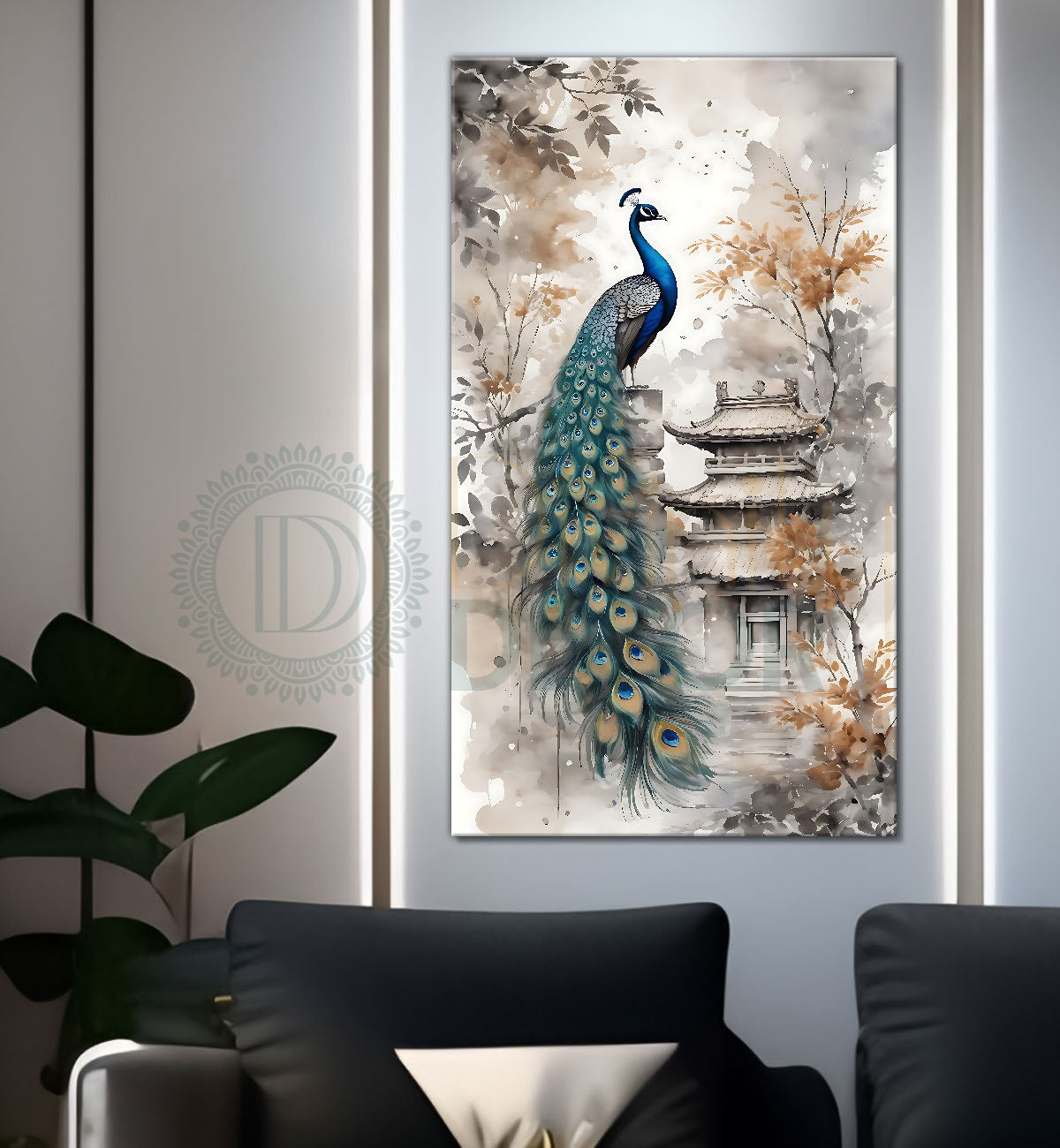 Peacock on branch with light background modenr art  - Design - Peacock-V-13