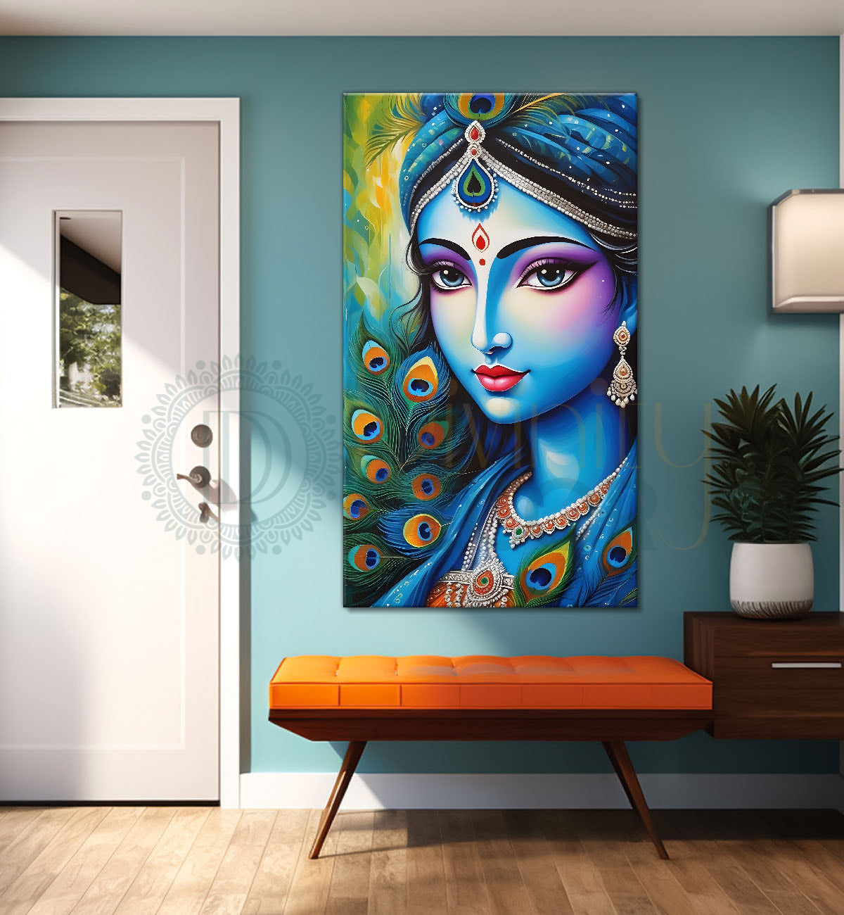 Blue face of krishna in peacock feathers background textured art Canvas Painting - Design - Krishna-V-13