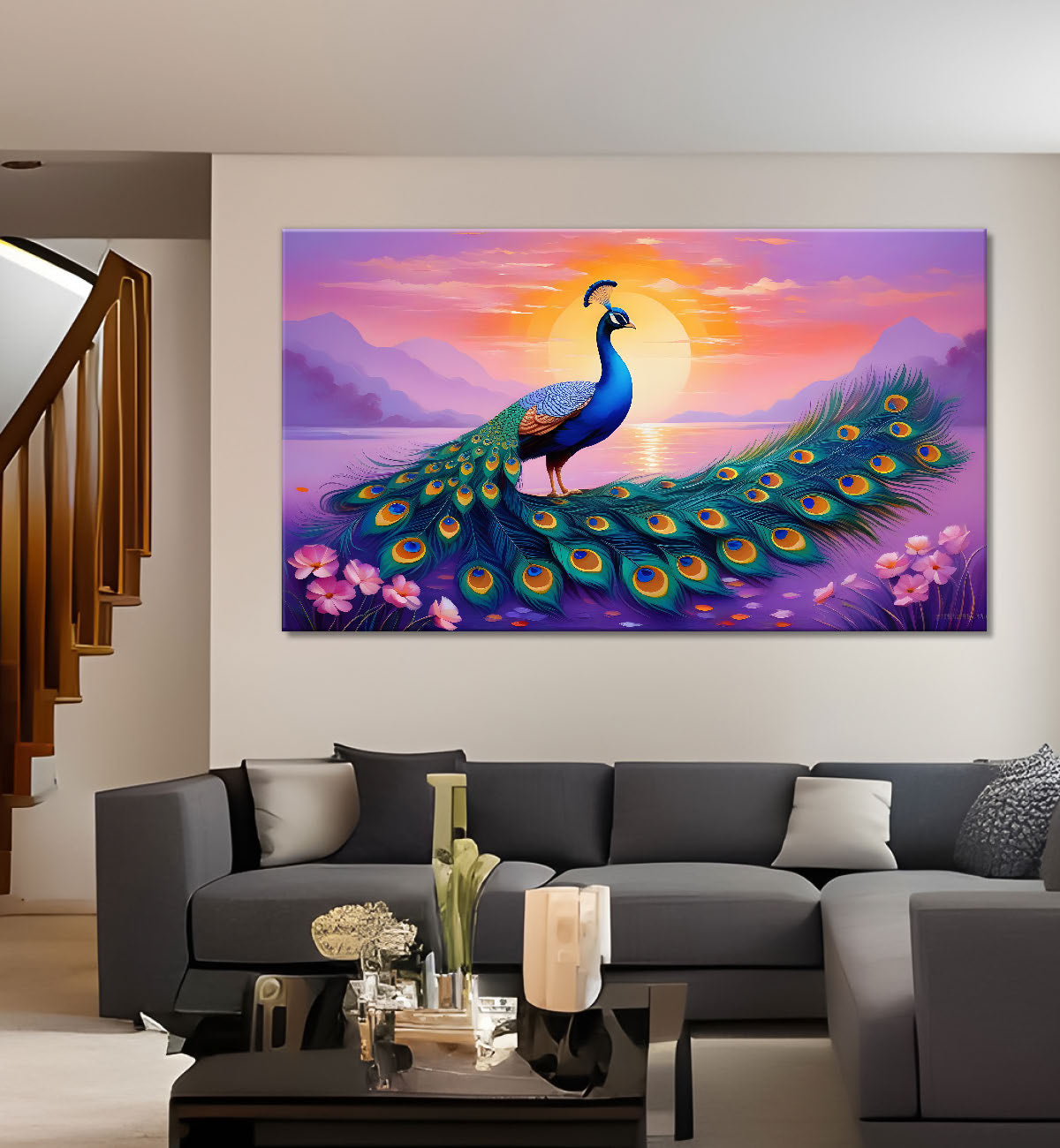 Peacock with purple mountains and flower background Canvas Painting - Design - Peacock-13
