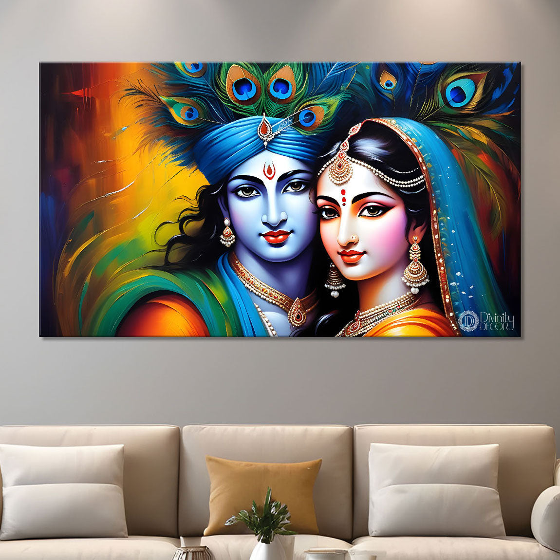 Blue face of Krishna and Radha with yellow and peacock feather background painting Canvas Painting - Design - Krishna-140